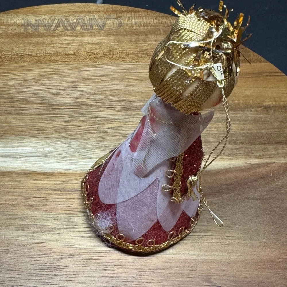 Vintage Angel Christmas Ornament Red Gold Glitter Japan Mid Century 4.5